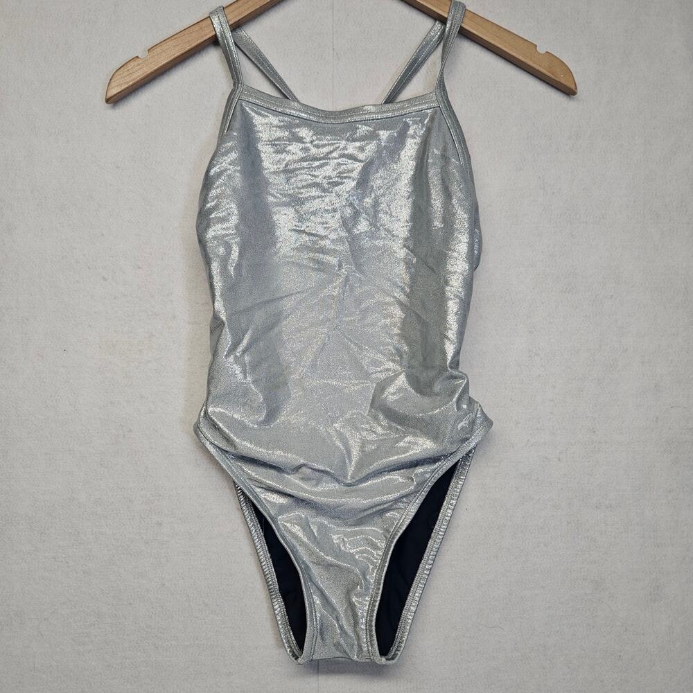 Dolfin Metallic Silver Foil One Piece Swimsuit Womens Size 32 Made in USA Shiny